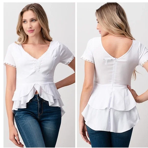 Peplum White Short Sleeve Blouse - Picture 2 of 5